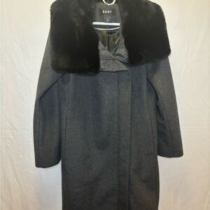 DKNY Charcoal Trench Coat with Black Faux Fur Collar